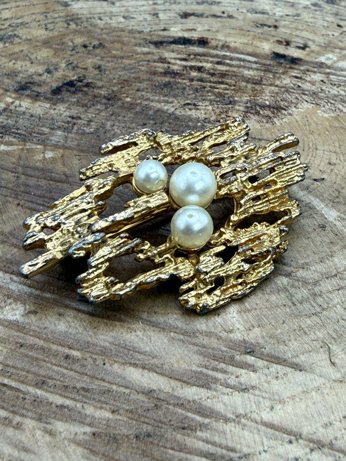 Vintage Brutalist Brooch with Faux Pearls