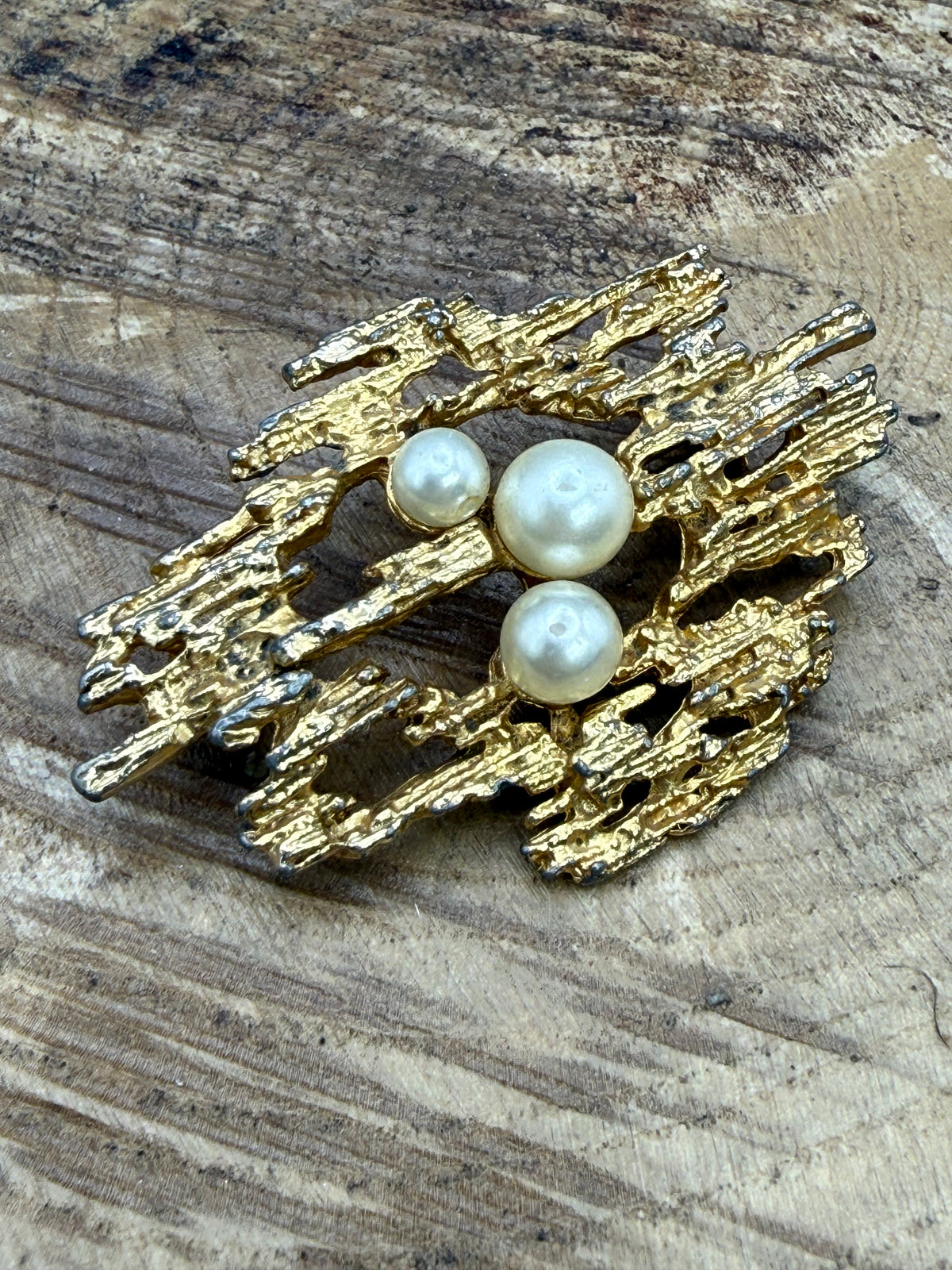 Vintage Brutalist Brooch with Faux Pearls