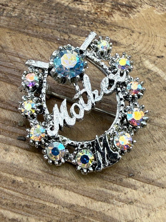 Vintage Mother Brooch with Aurora Borealis Rhinestones