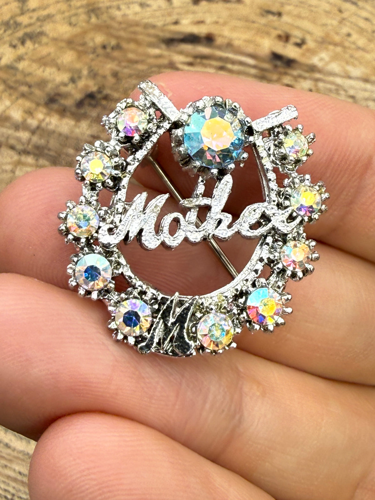 Vintage Mother Brooch with Aurora Borealis Rhinestones