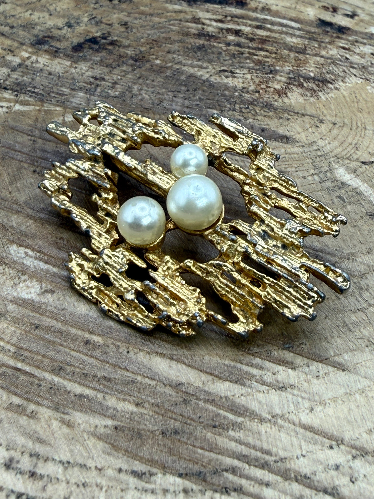 Vintage Brutalist Brooch with Faux Pearls