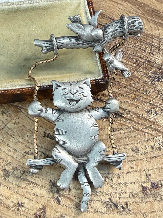 Vintage JJ Jonette Cat on a Swing Brooch with Birds