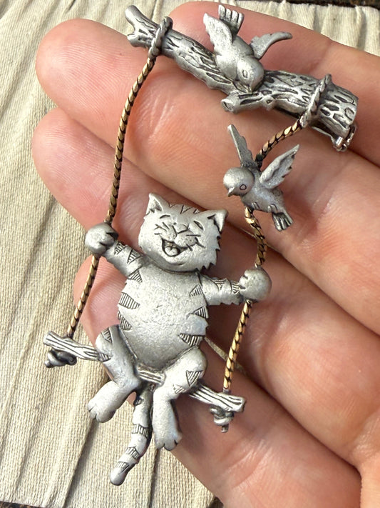 Vintage JJ Jonette Cat on a Swing Brooch with Birds
