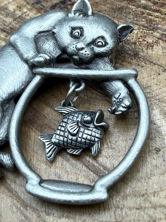 Vintage JJ Jonette Cat & Fish Bowl Brooch