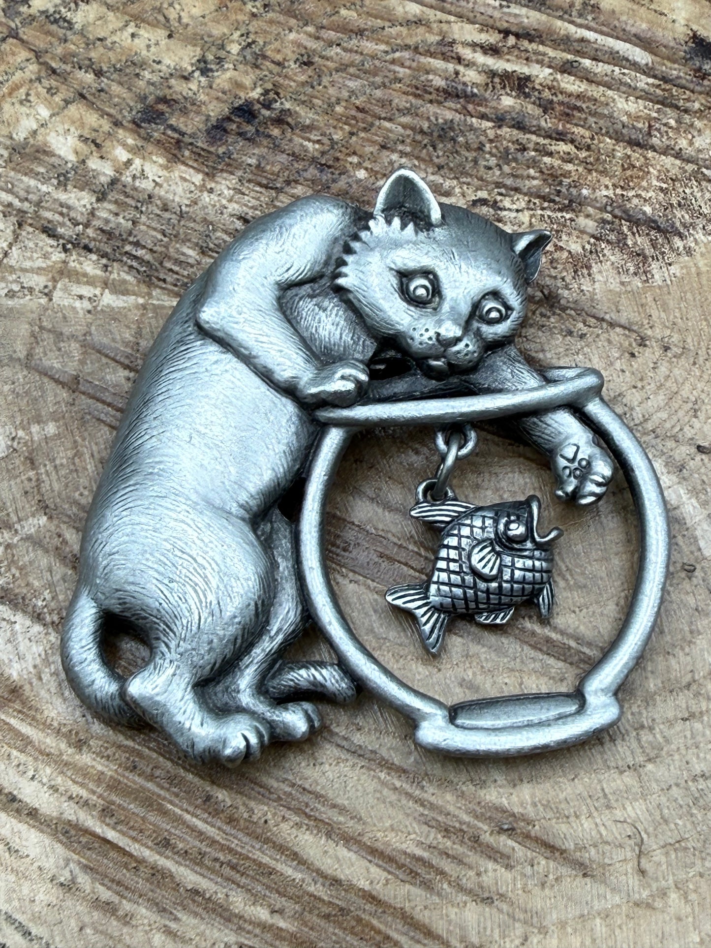 Vintage JJ Jonette Cat & Fish Bowl Brooch