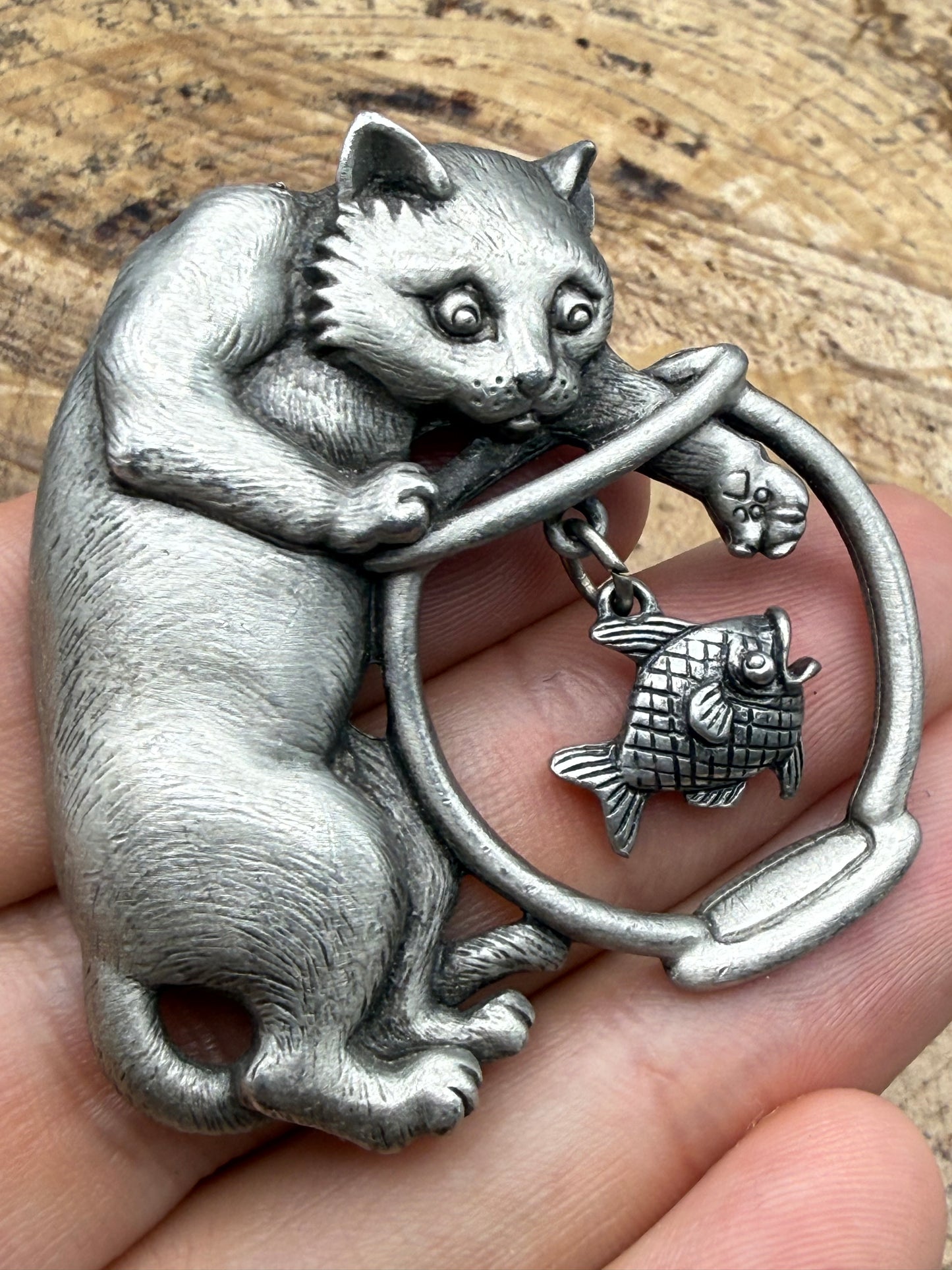 Vintage JJ Jonette Cat & Fish Bowl Brooch