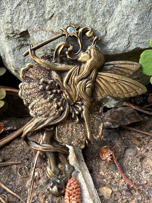Vintage JJ Jonette Fairy Brooch with Rhinestone Star Wand