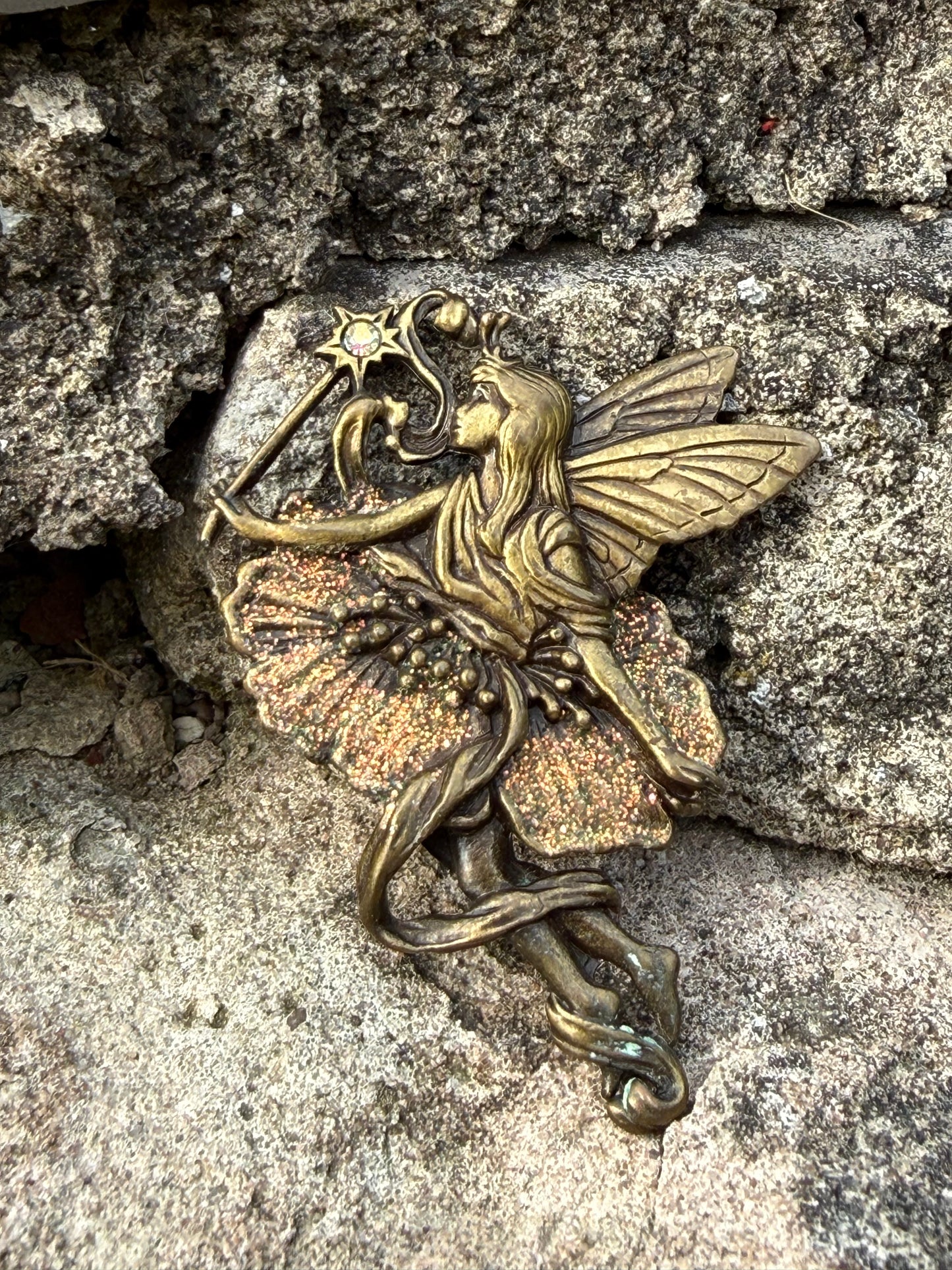 Vintage JJ Jonette Fairy Brooch with Rhinestone Star Wand