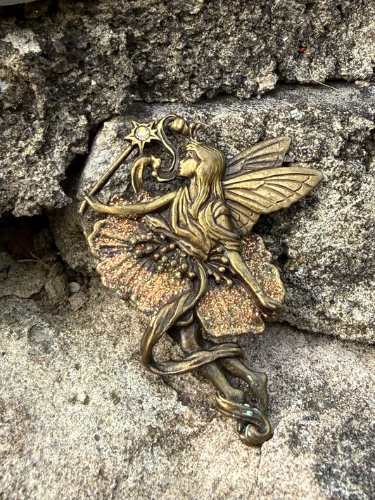 Vintage JJ Jonette Fairy Brooch with Rhinestone Star Wand