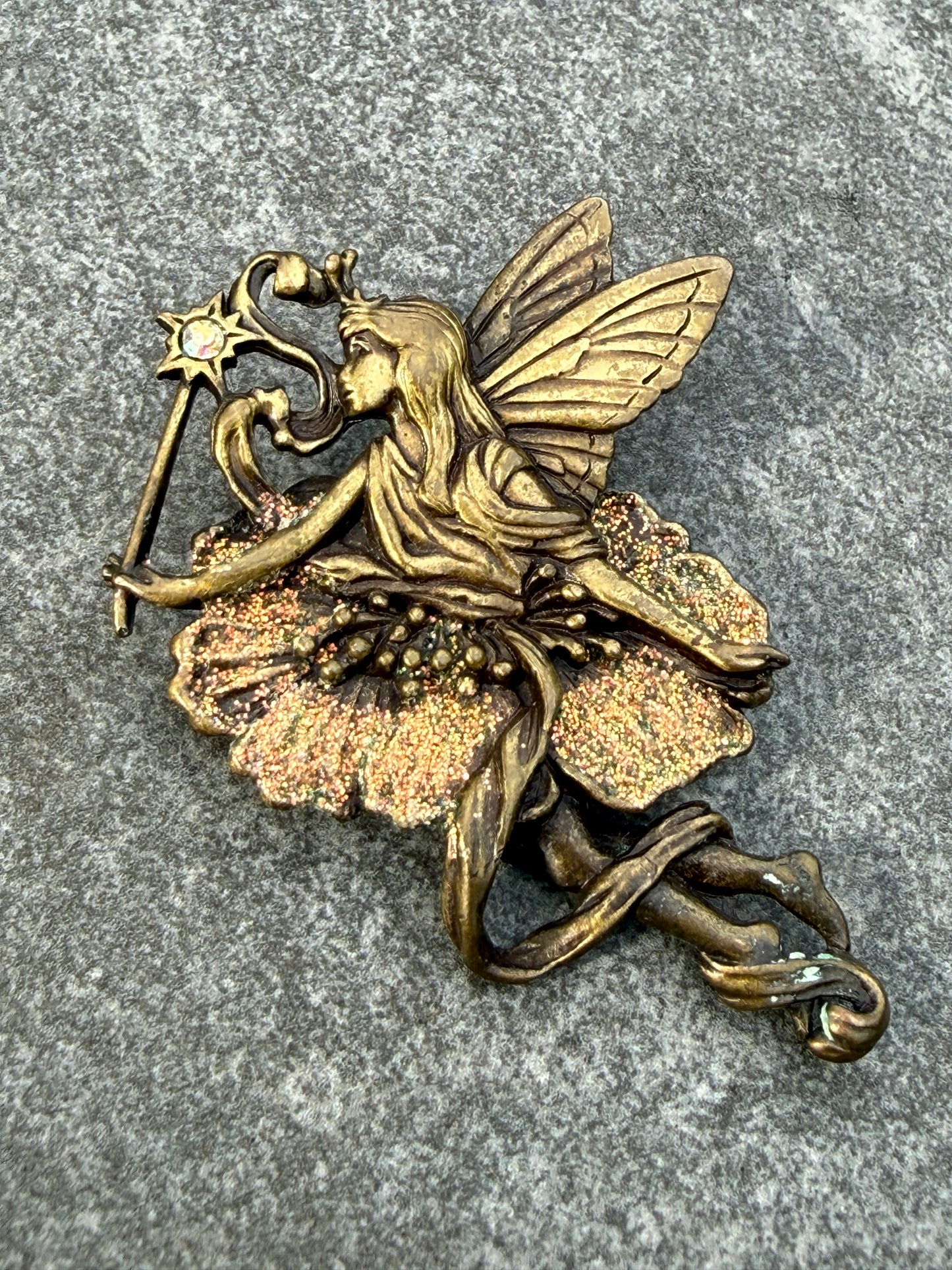 Vintage JJ Jonette Fairy Brooch with Rhinestone Star Wand