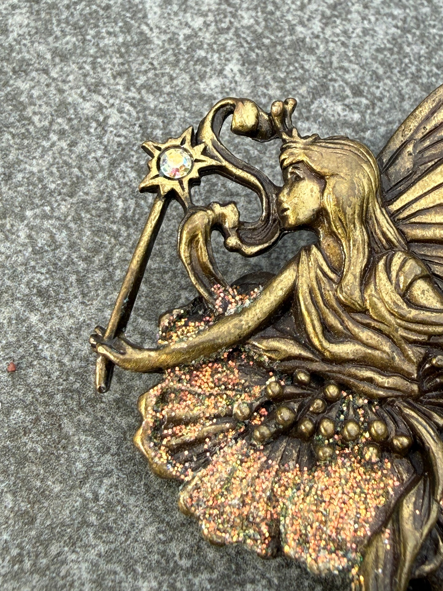 Vintage JJ Jonette Fairy Brooch with Rhinestone Star Wand