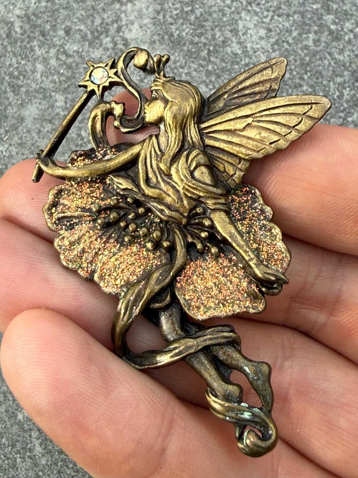 Vintage JJ Jonette Fairy Brooch with Rhinestone Star Wand