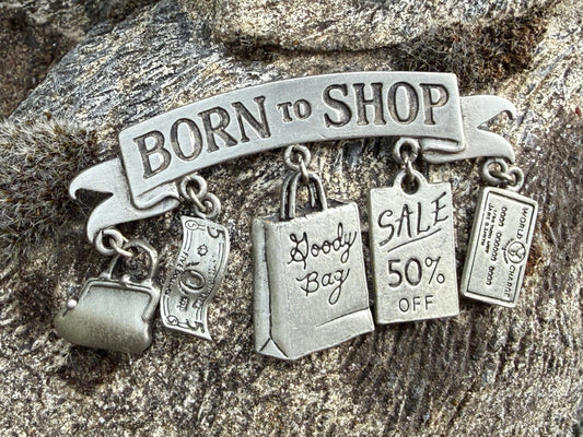 Vintage JJ Jonette Born to Shop Pewter Brooch