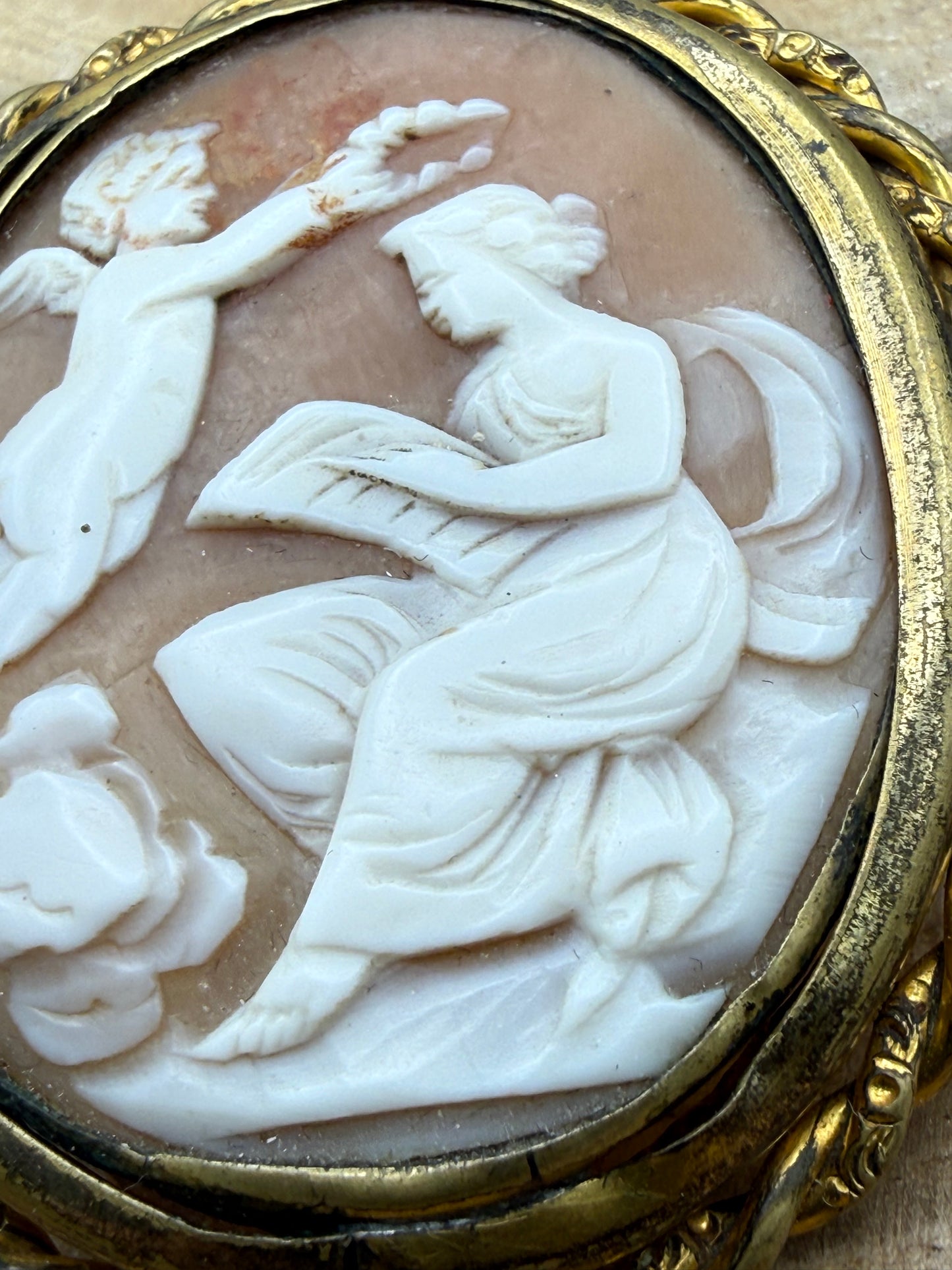 Antique Shell Cameo Brooch of Cupid and Psyche