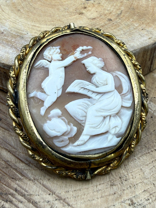 Antique Shell Cameo Brooch of Cupid and Psyche