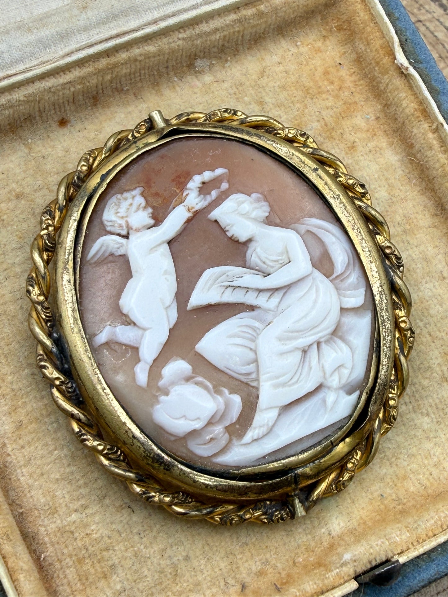 Antique Shell Cameo Brooch of Cupid and Psyche