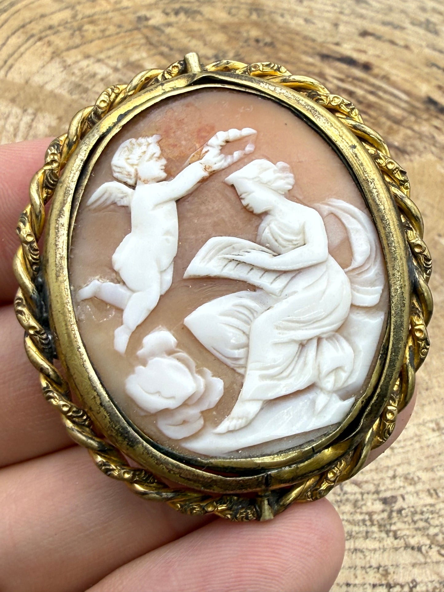 Antique Shell Cameo Brooch of Cupid and Psyche