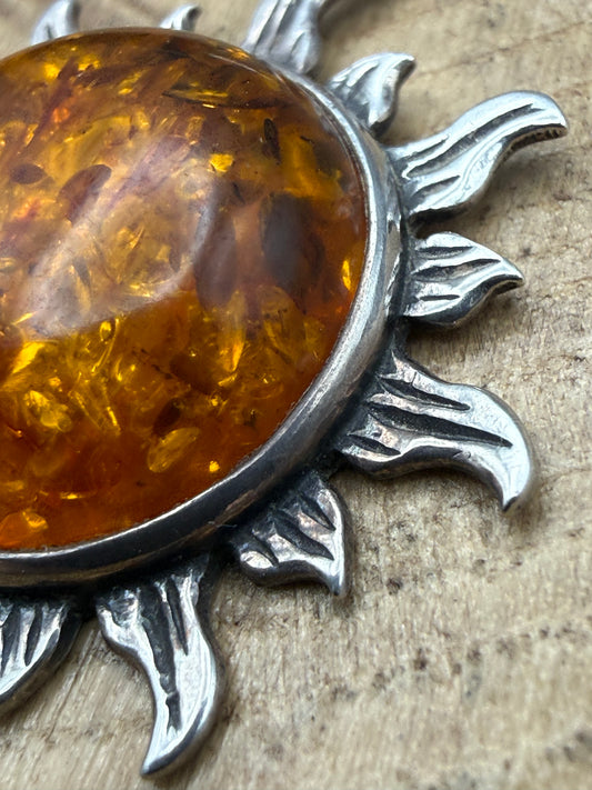 Vintage Silver Amber Sunburst Pendant
