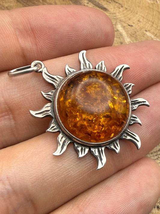 Vintage Silver Amber Sunburst Pendant