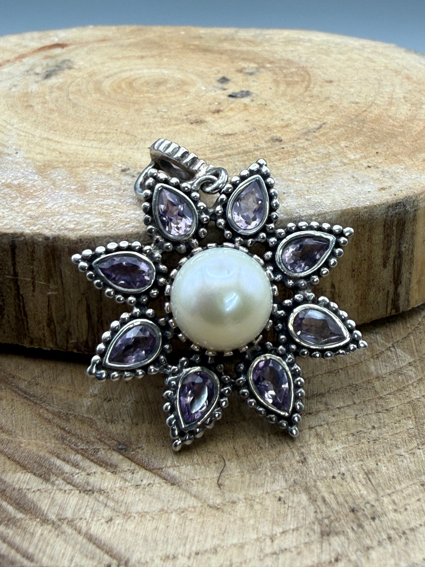 Vintage Sterling Silver Amethyst Pearl Flower Pendant