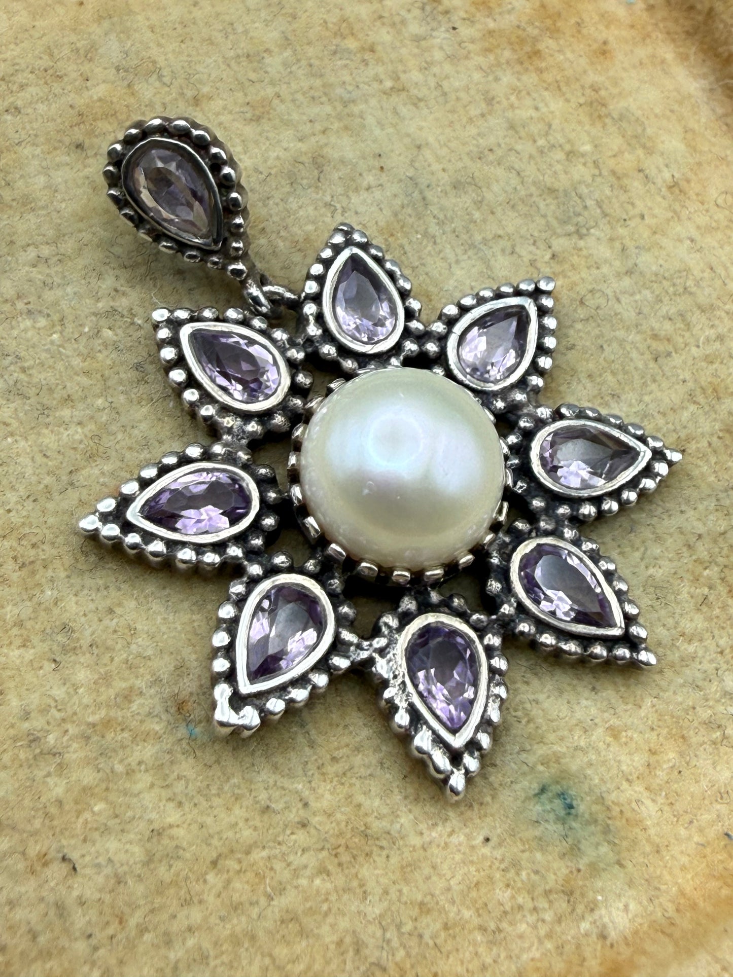 Vintage Sterling Silver Amethyst Pearl Flower Pendant