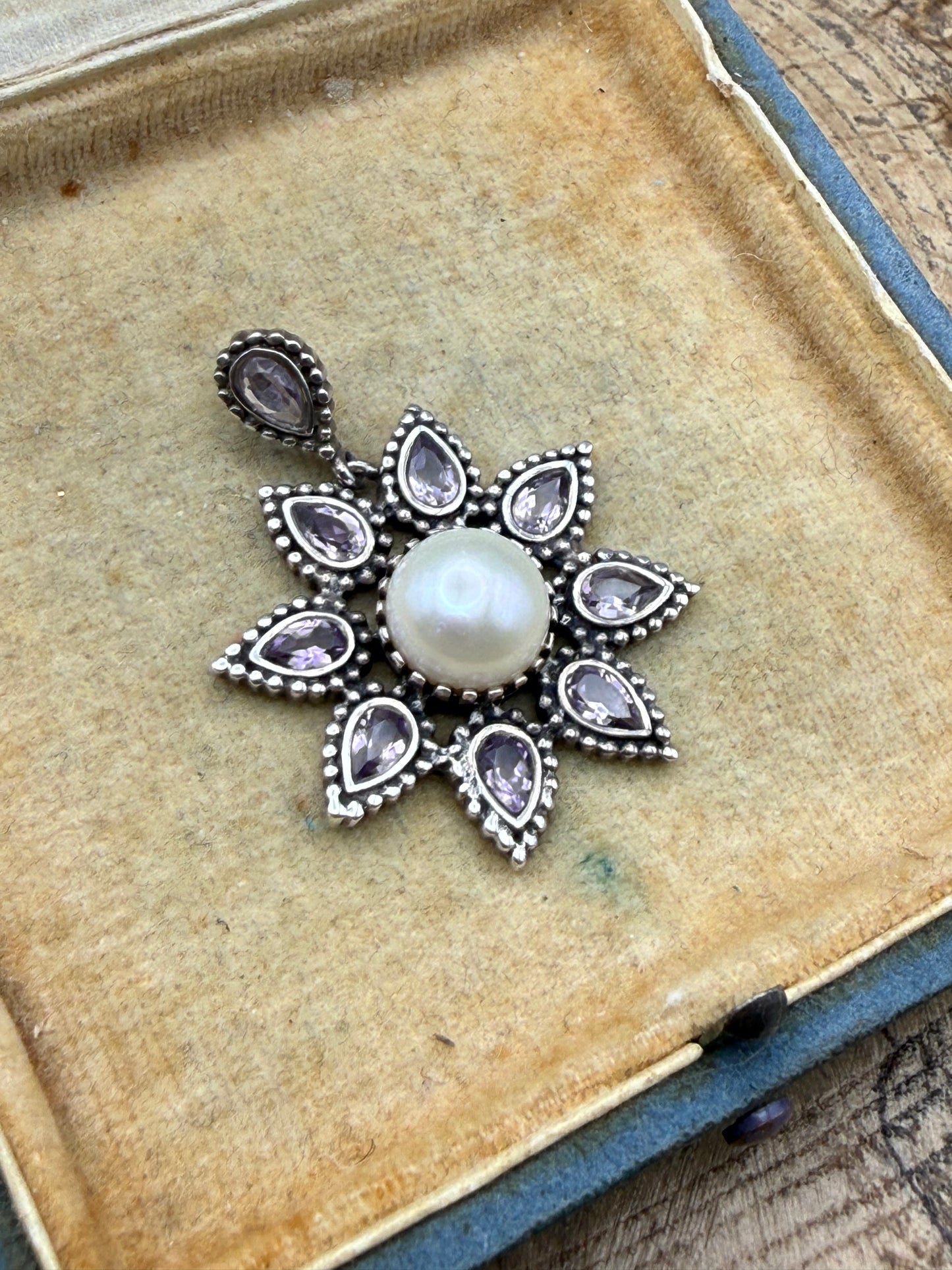 Vintage Sterling Silver Amethyst Pearl Flower Pendant