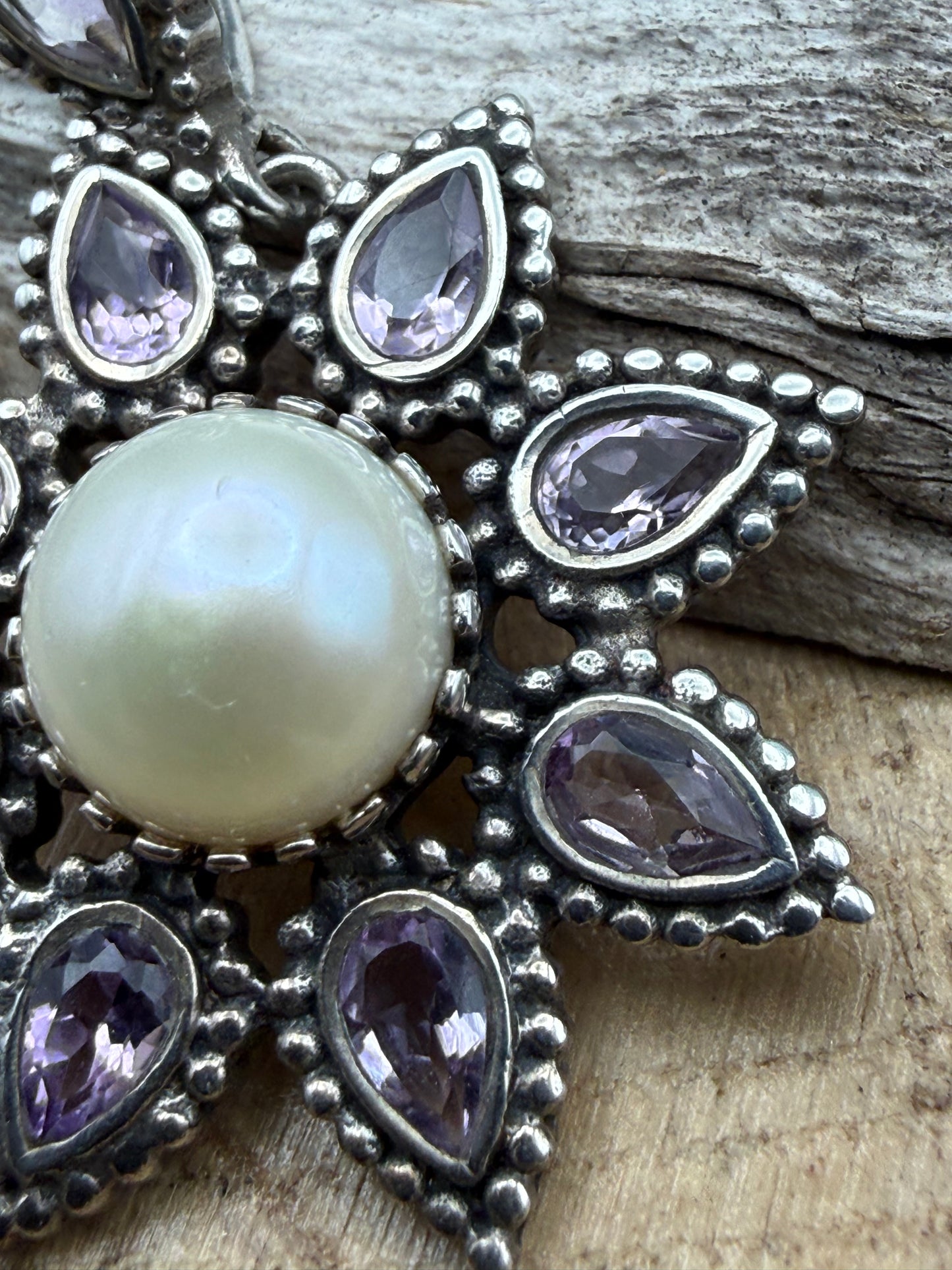 Vintage Sterling Silver Amethyst Pearl Flower Pendant