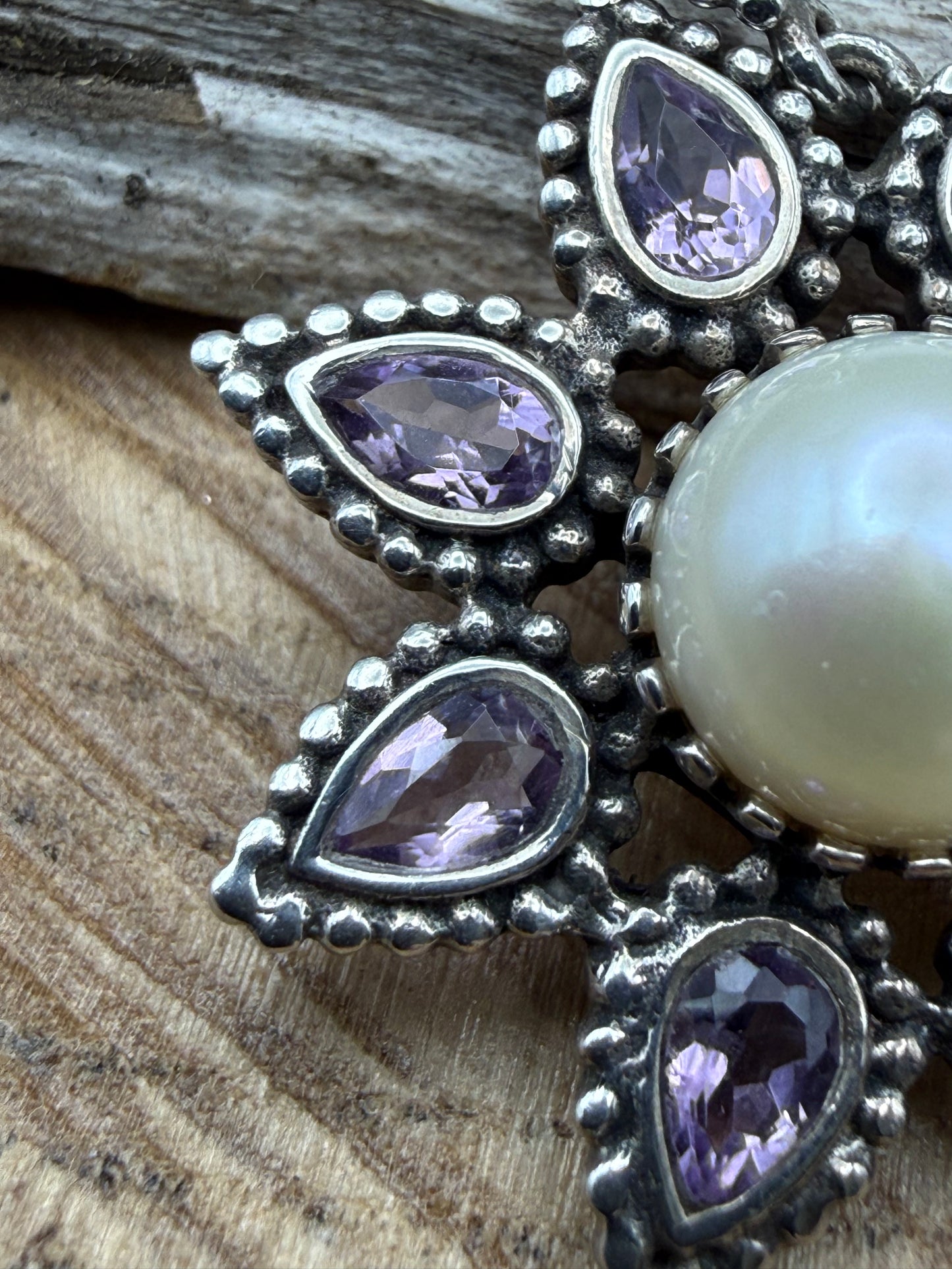 Vintage Sterling Silver Amethyst Pearl Flower Pendant