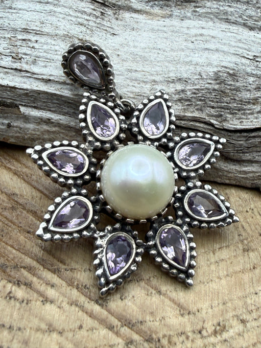 Vintage Sterling Silver Amethyst Pearl Flower Pendant