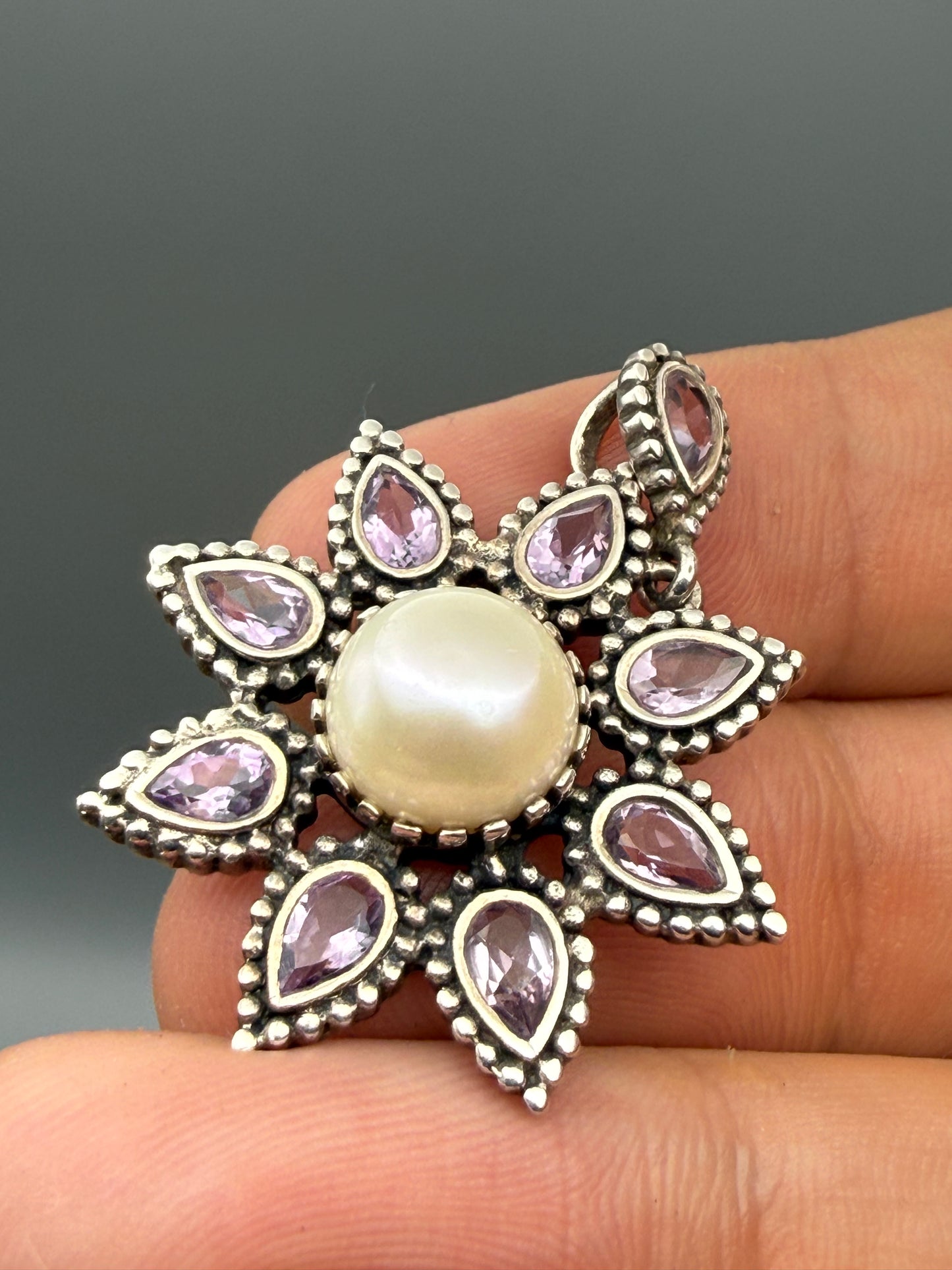Vintage Sterling Silver Amethyst Pearl Flower Pendant