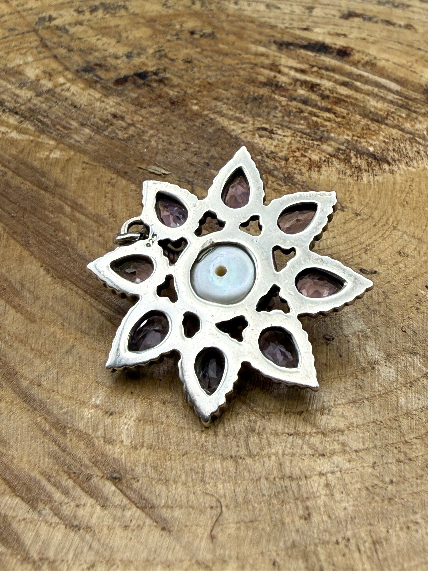 Vintage Sterling Silver Amethyst Pearl Flower Pendant