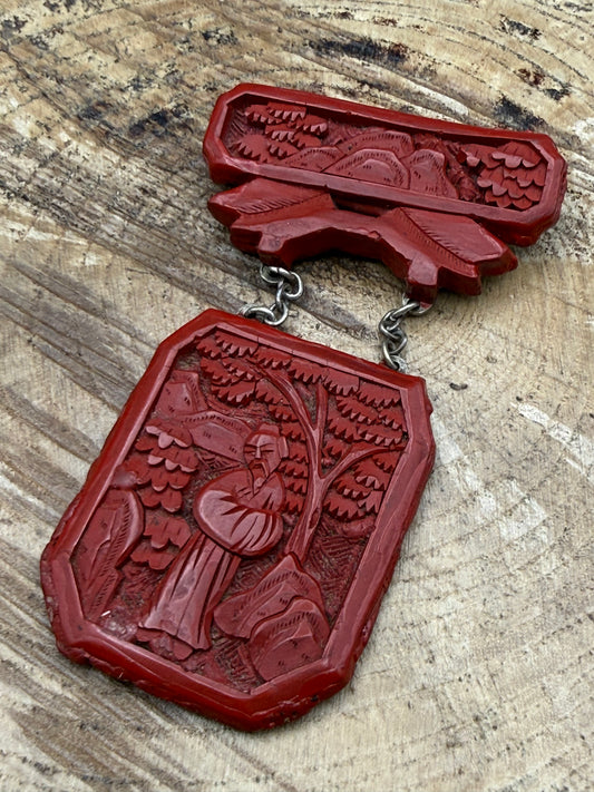 Antique Chinese Carved Cinnabar Silver Brooch of Scholar