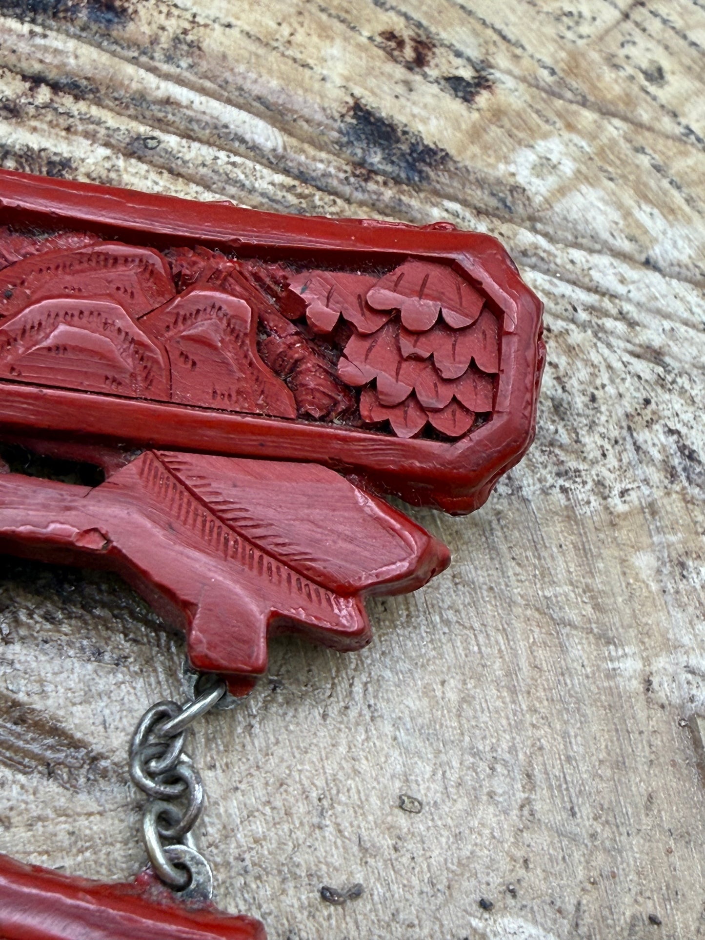 Antique Chinese Carved Cinnabar Silver Brooch of Scholar