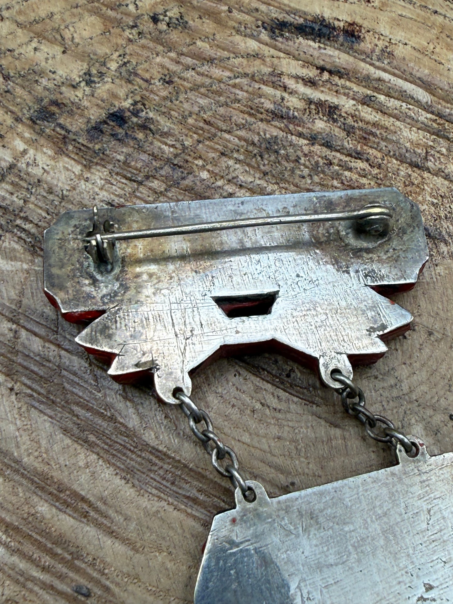 Antique Chinese Carved Cinnabar Silver Brooch of Scholar