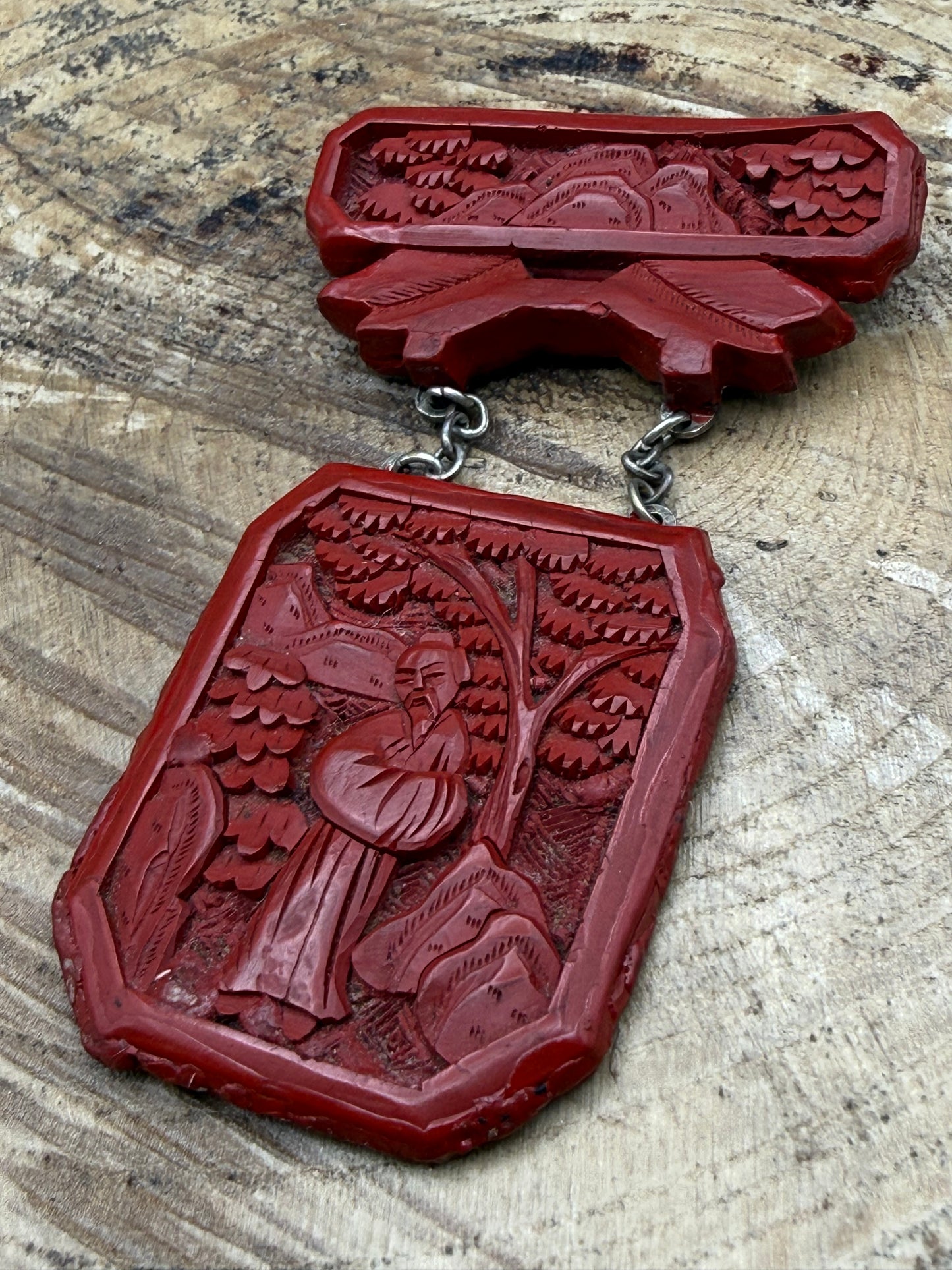 Antique Chinese Carved Cinnabar Silver Brooch of Scholar