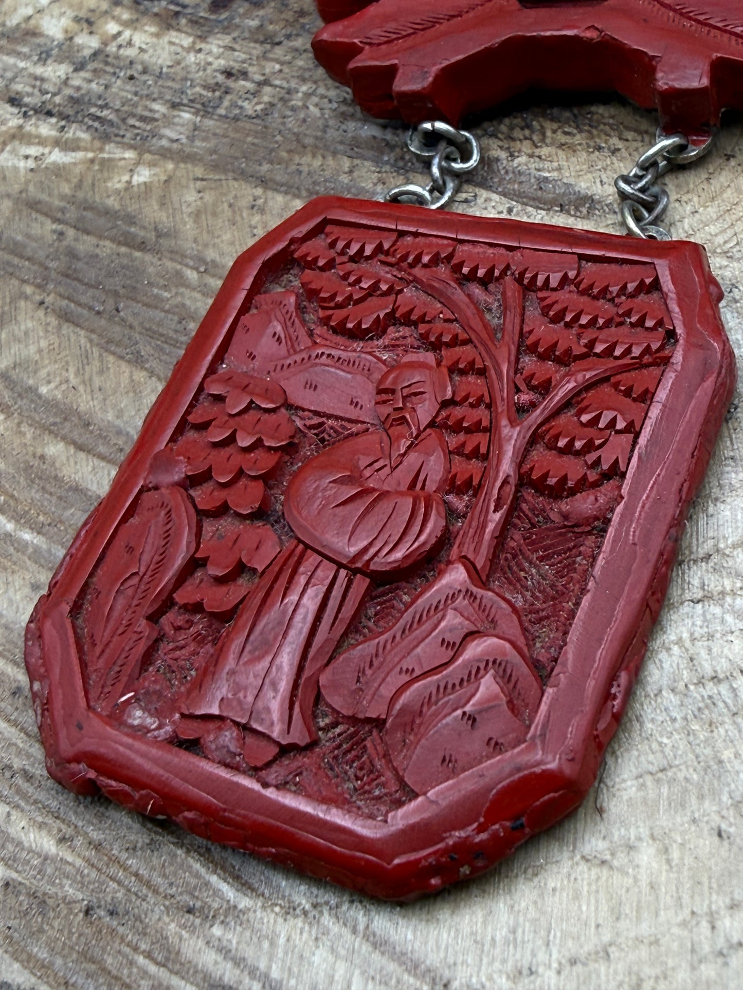 Antique Chinese Carved Cinnabar Silver Brooch of Scholar