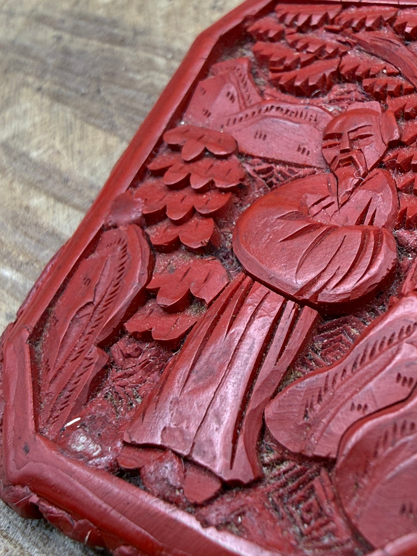 Antique Chinese Carved Cinnabar Silver Brooch of Scholar