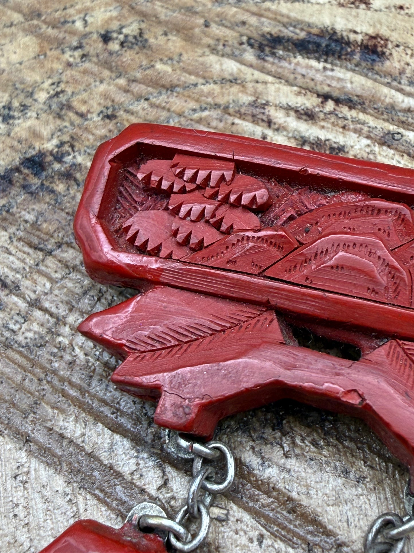 Antique Chinese Carved Cinnabar Silver Brooch of Scholar