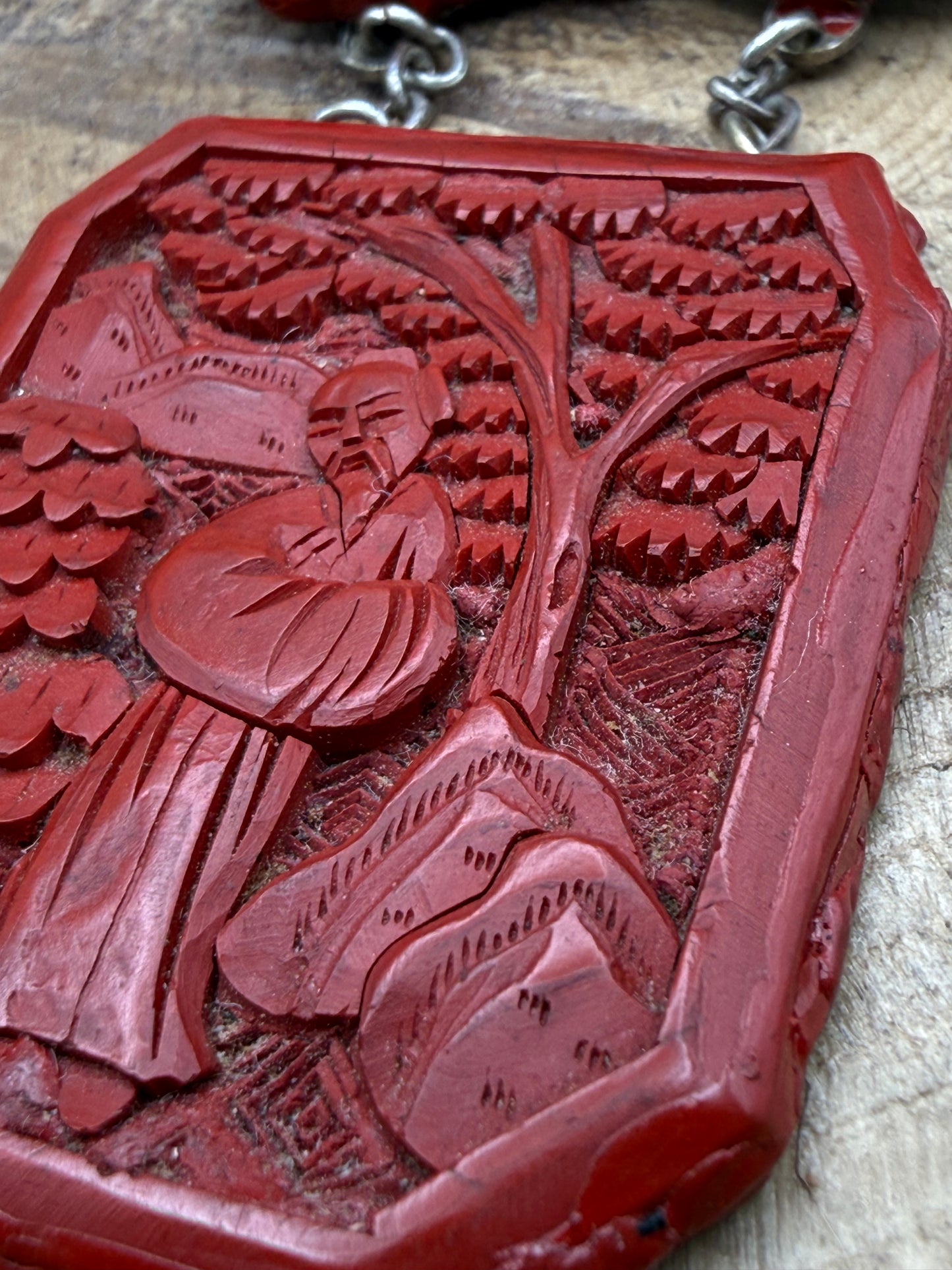 Antique Chinese Carved Cinnabar Silver Brooch of Scholar