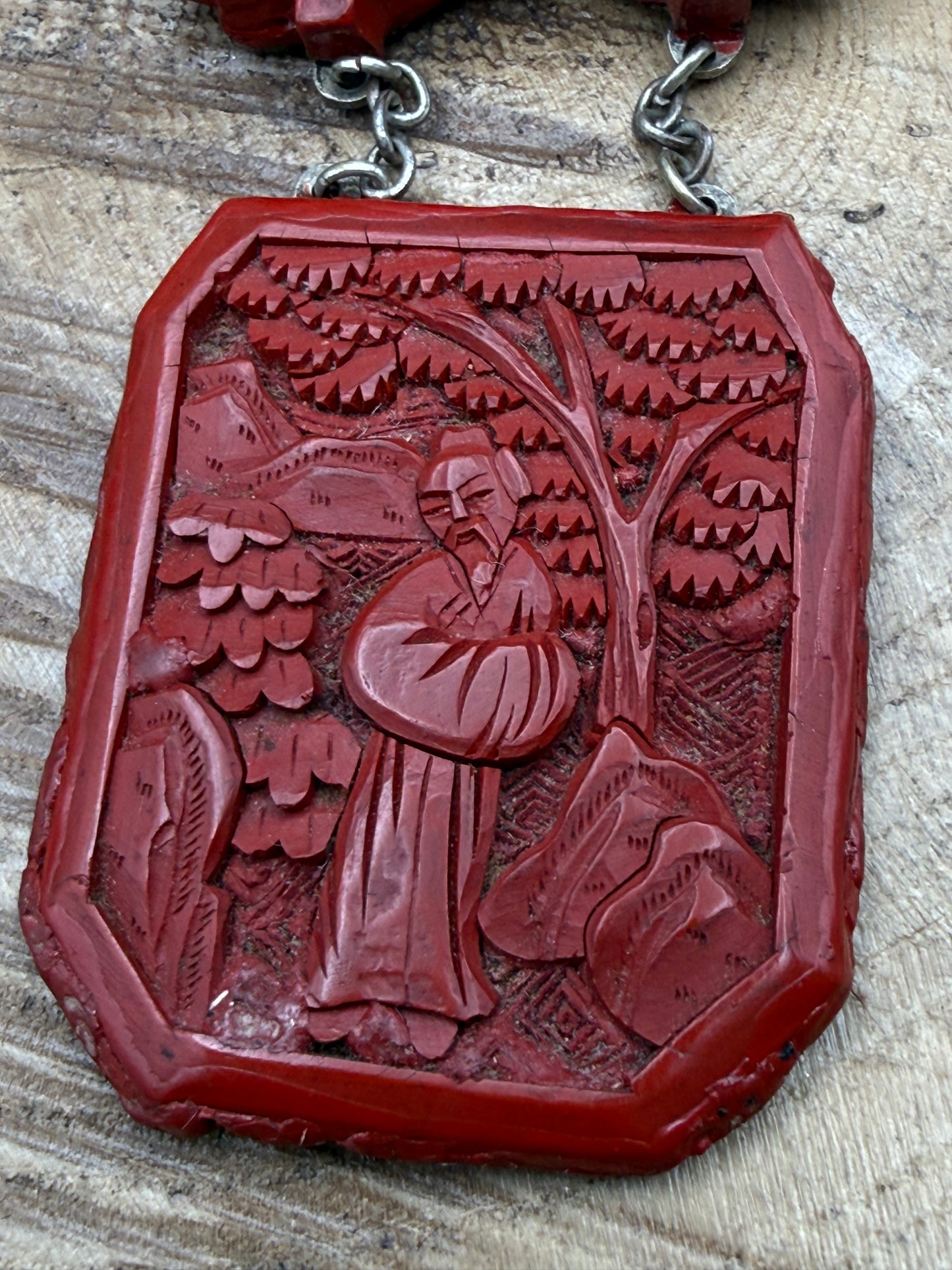 Antique Chinese Carved Cinnabar Silver Brooch of Scholar