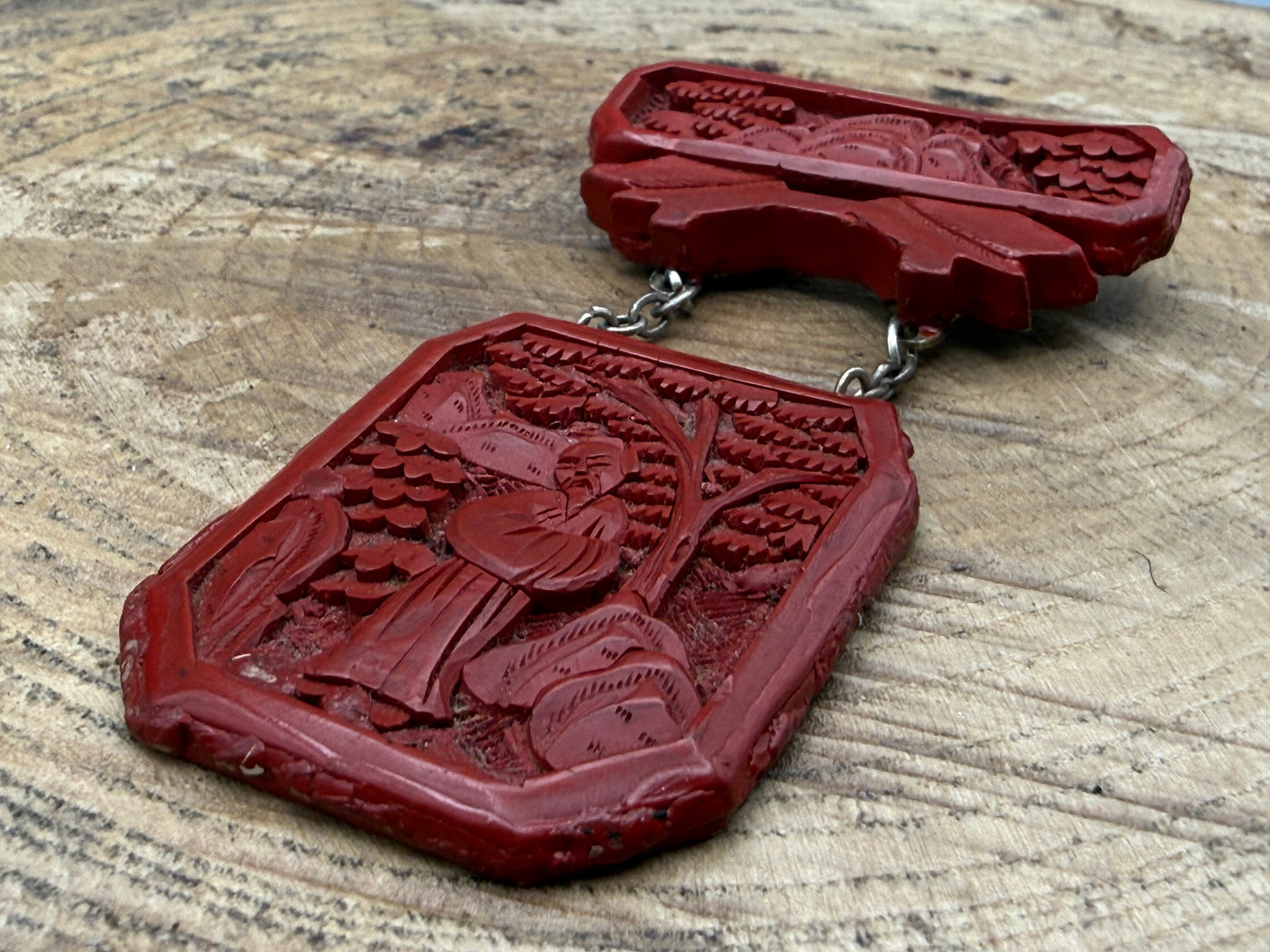 Antique Chinese Carved Cinnabar Silver Brooch of Scholar