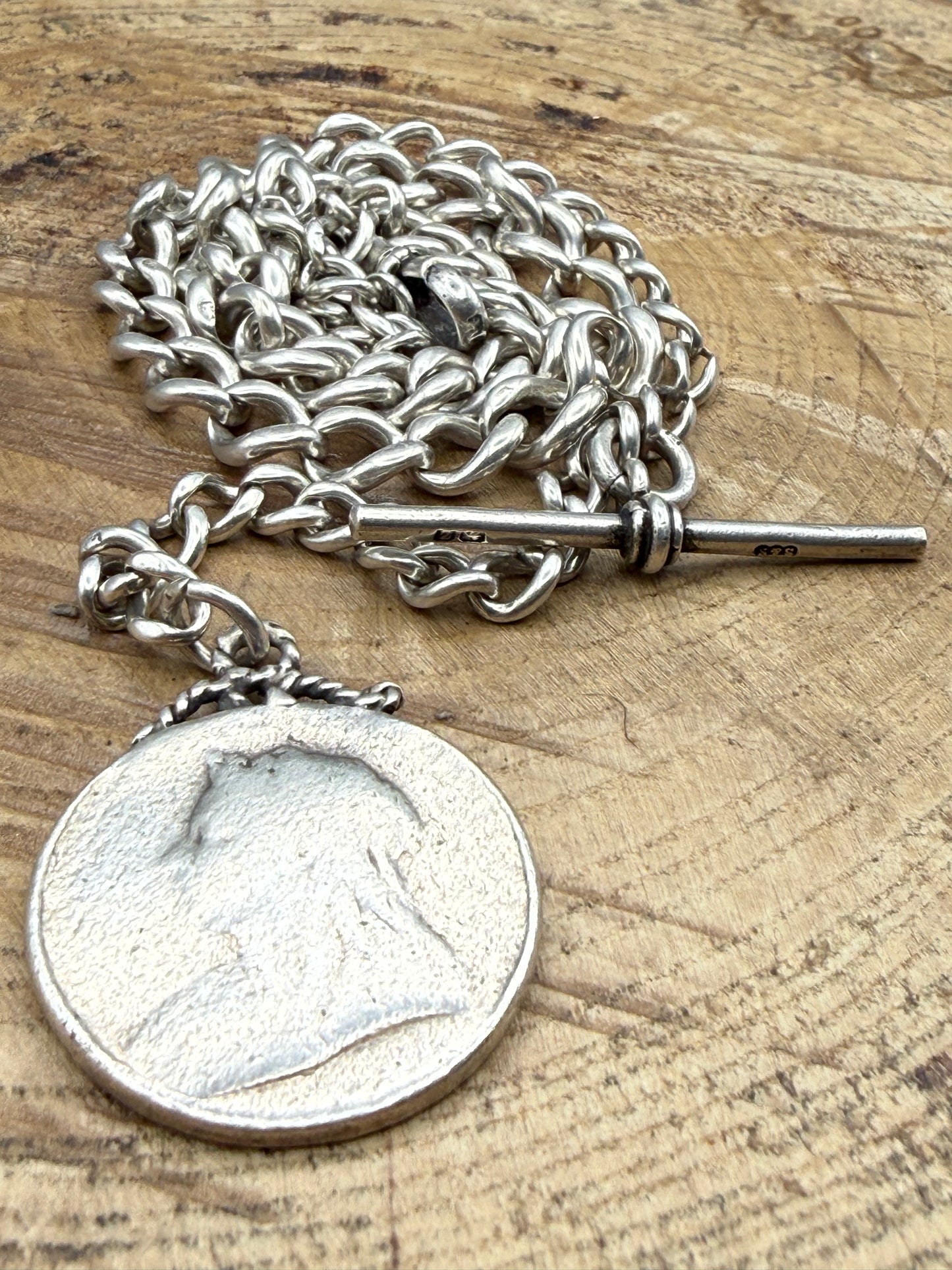 Antique Sterling Silver Albert Watch Chain with Victorian Coin Fob