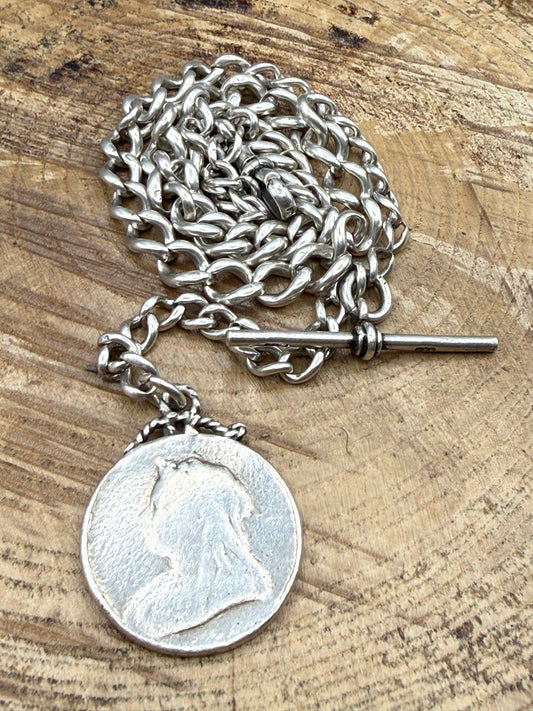 Antique Sterling Silver Albert Watch Chain with Victorian Coin Fob