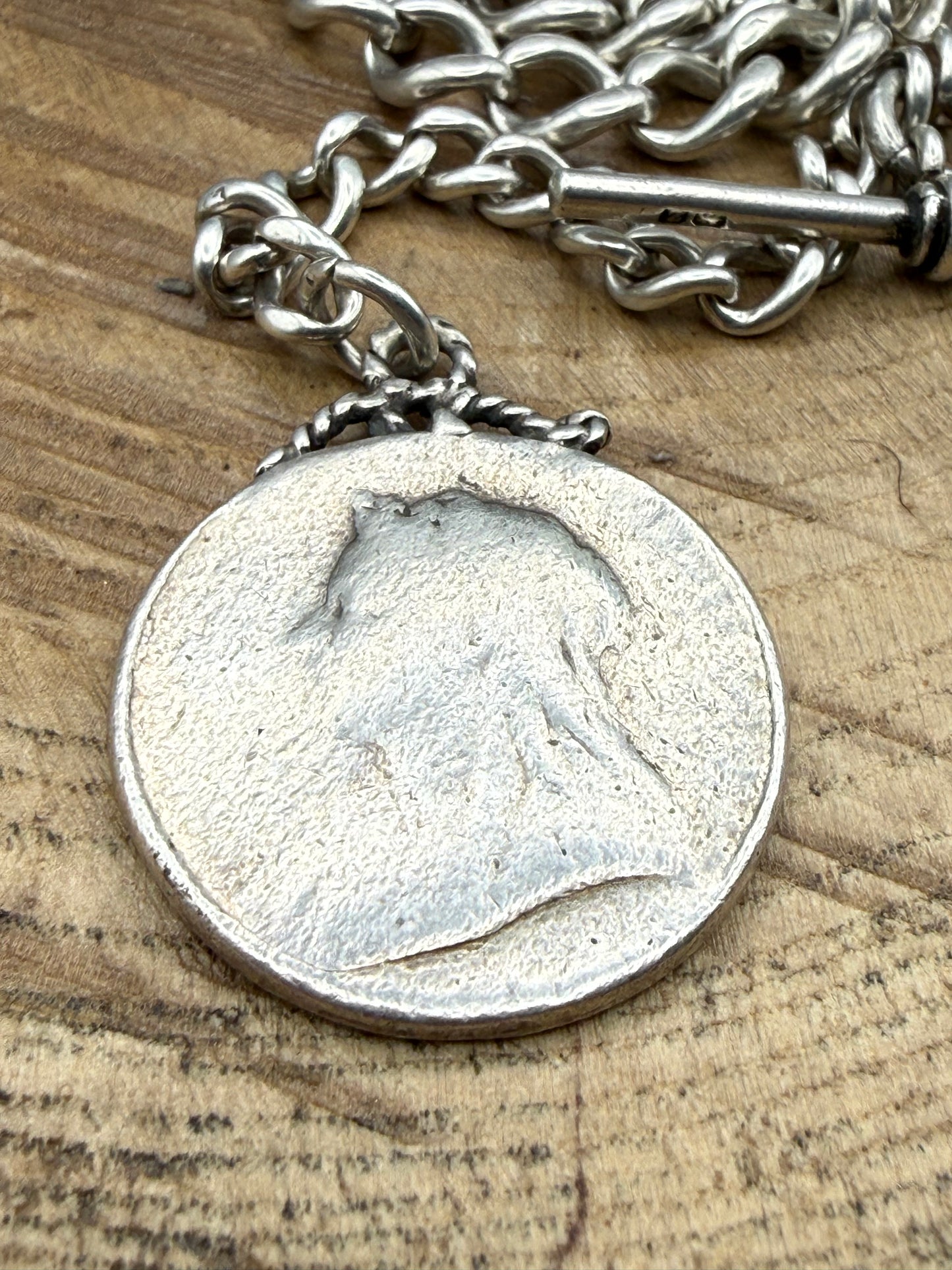Antique Sterling Silver Albert Watch Chain with Victorian Coin Fob