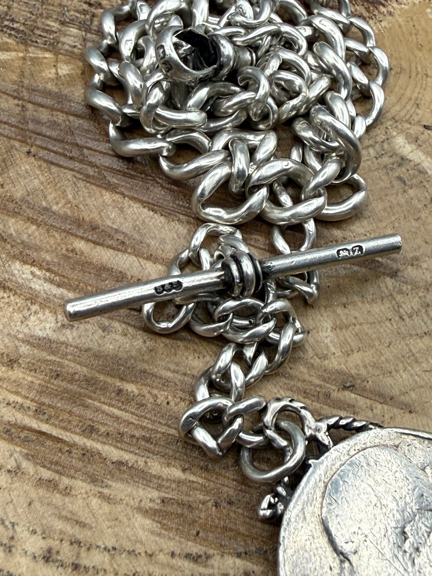 Antique Sterling Silver Albert Watch Chain with Victorian Coin Fob