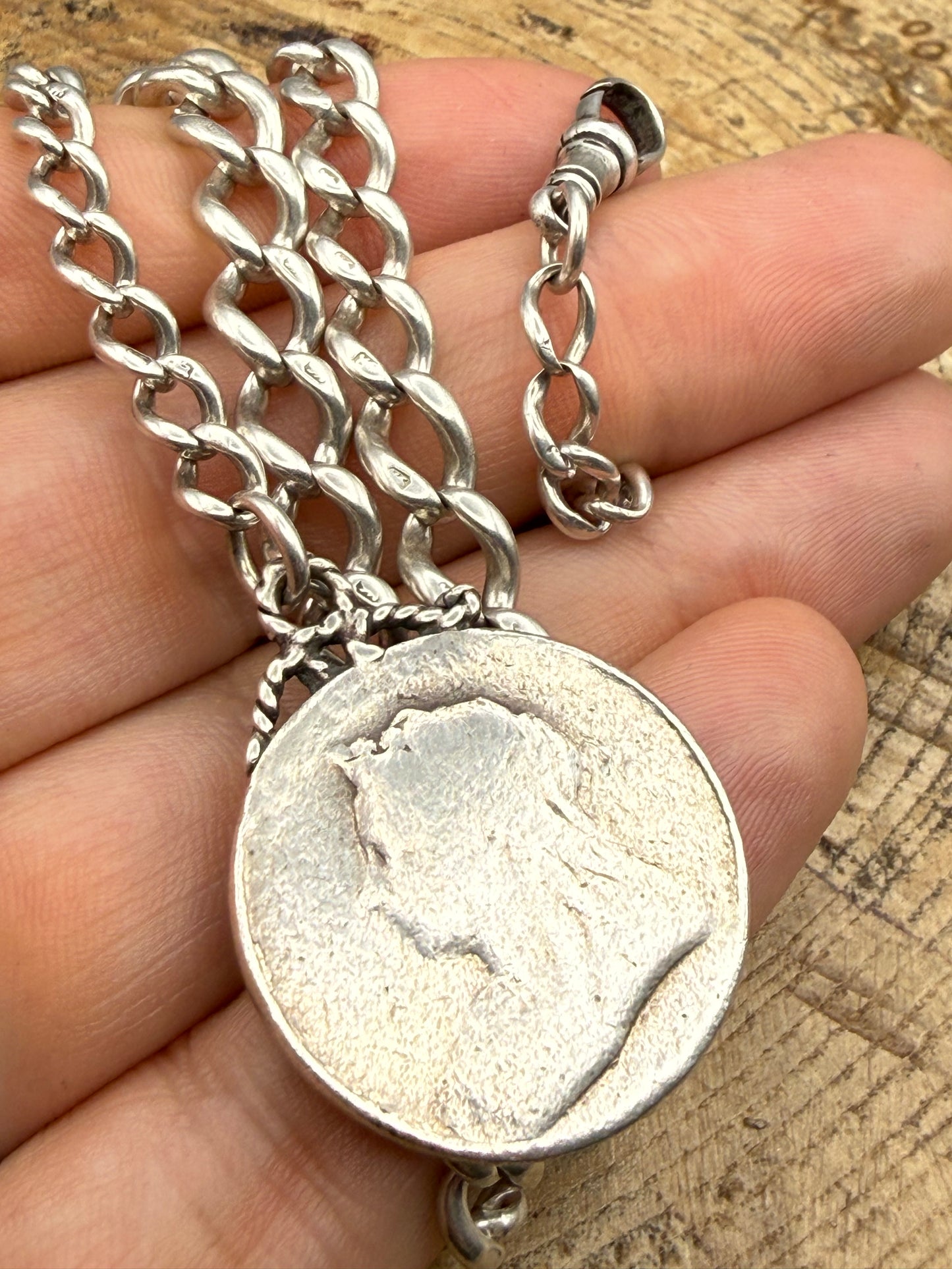 Antique Sterling Silver Albert Watch Chain with Victorian Coin Fob