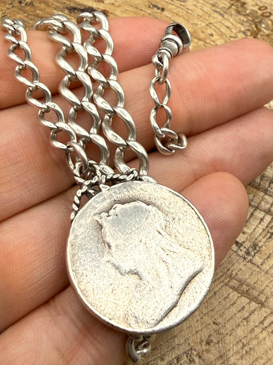 Antique Sterling Silver Albert Watch Chain with Victorian Coin Fob