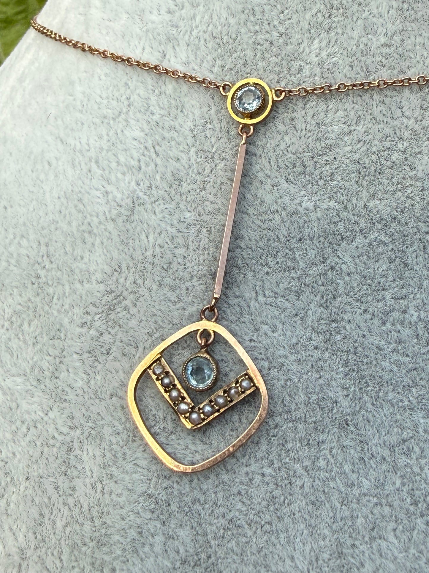 Edwardian Aquamarine & Seed Pearl 9ct Gold Pendant Necklace