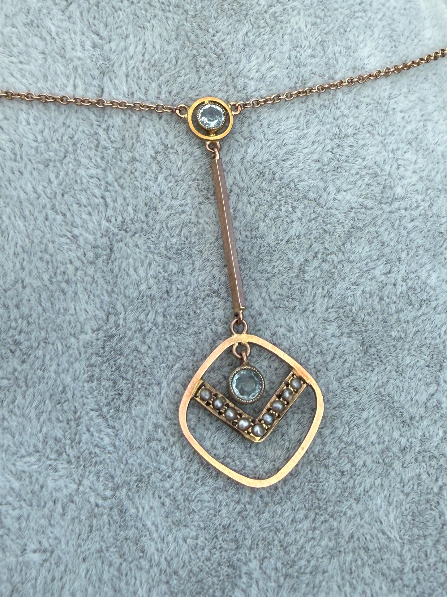 Edwardian Aquamarine & Seed Pearl 9ct Gold Pendant Necklace