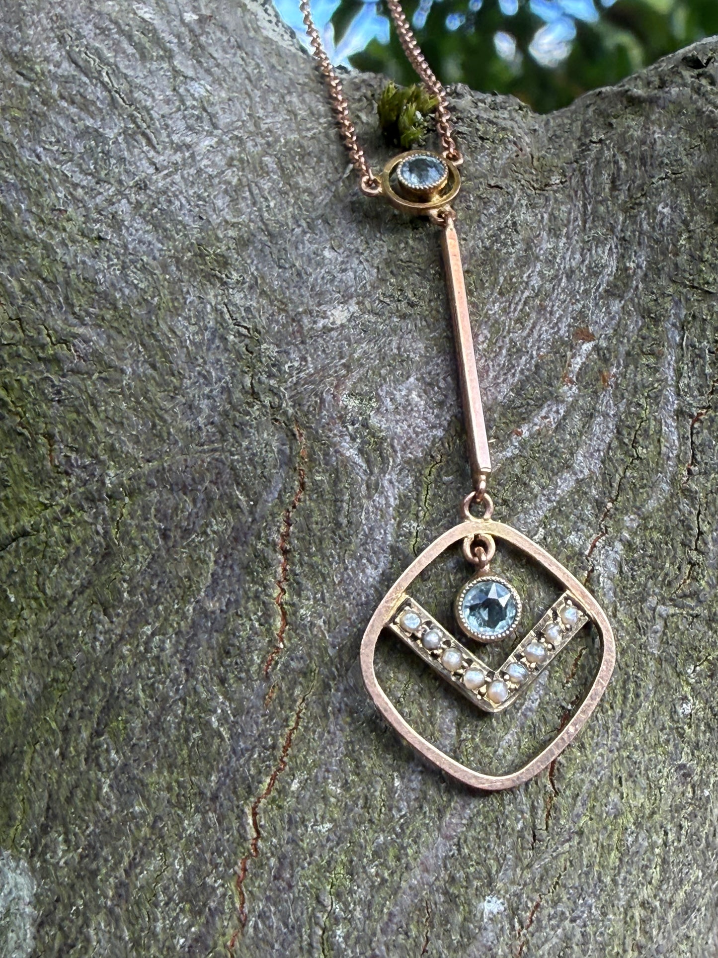 Edwardian Aquamarine & Seed Pearl 9ct Gold Pendant Necklace